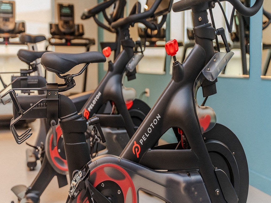 a row of black bicycles in a room with red handles